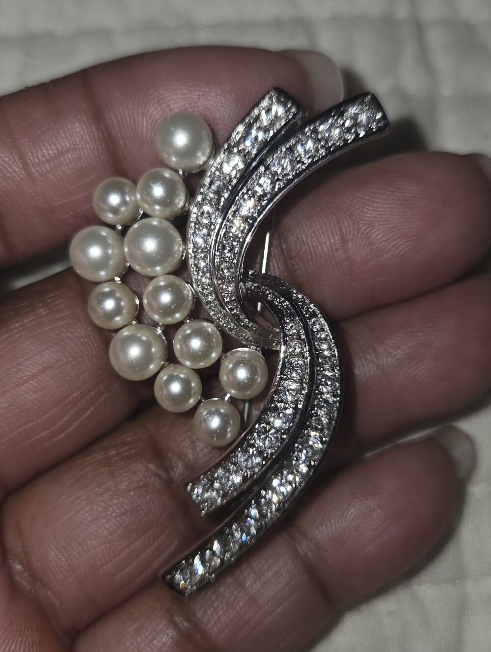 Pearl and Crystal Silver-Tone Swirl Brooch - White Pearls Signed Butler